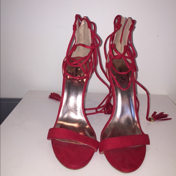 Red sued lace up high heels - Picture 2 of 4